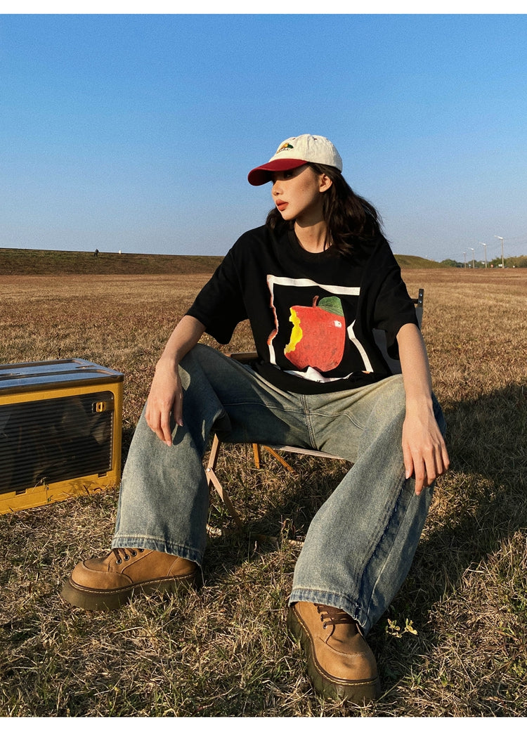 Antmvs Oula Vintage Apple Print Short Sleeve Baggy T-shirt Top