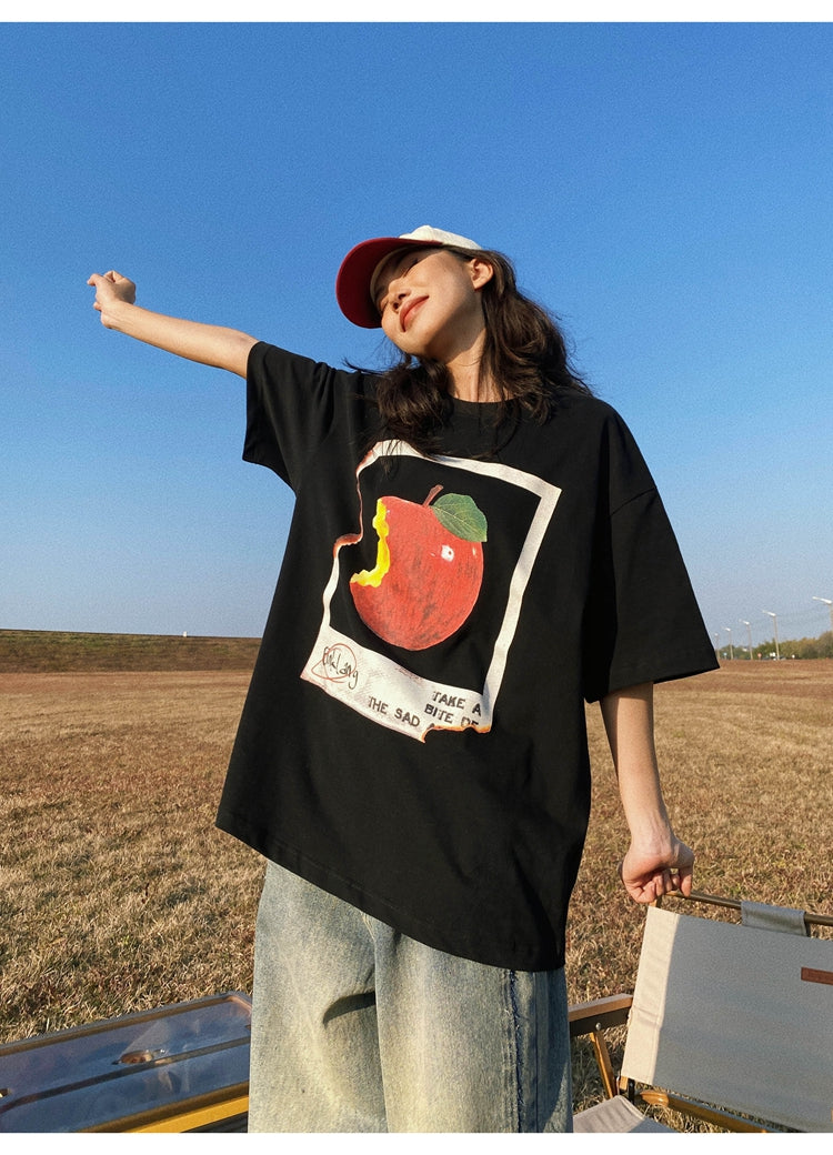 Antmvs Oula Vintage Apple Print Short Sleeve Baggy T-shirt Top