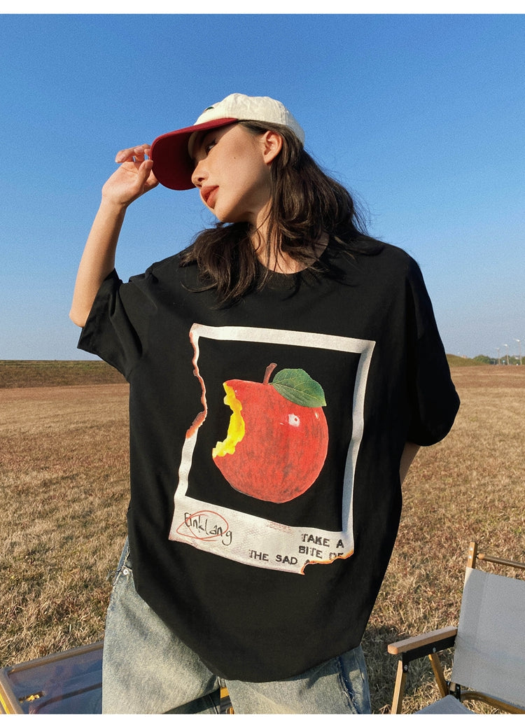 Antmvs Oula Vintage Apple Print Short Sleeve Baggy T-shirt Top