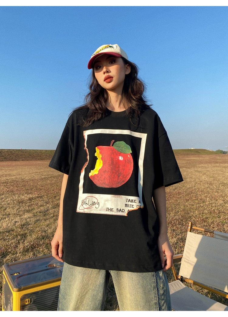 Antmvs Oula Vintage Apple Print Short Sleeve Baggy T-shirt Top