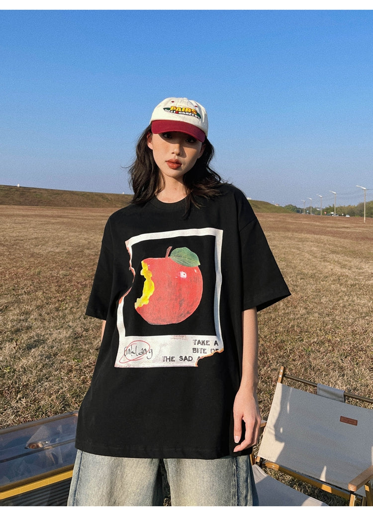 Antmvs Oula Vintage Apple Print Short Sleeve Baggy T-shirt Top