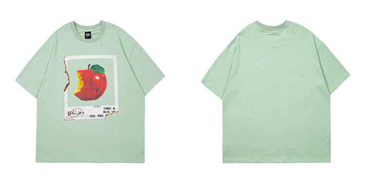 Antmvs Oula Vintage Apple Print Short Sleeve Baggy T-shirt Top