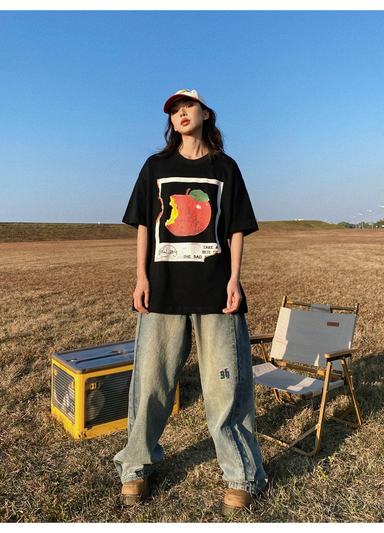 Antmvs Oula Vintage Apple Print Short Sleeve Baggy T-shirt Top