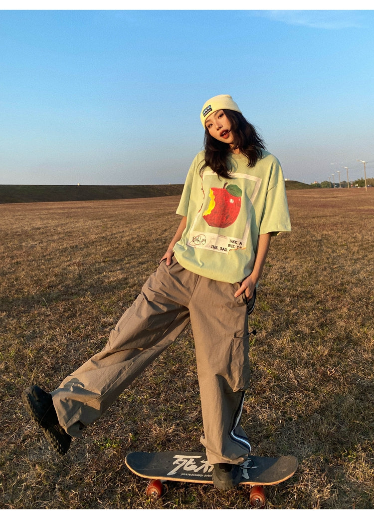 Antmvs Oula Vintage Apple Print Short Sleeve Baggy T-shirt Top