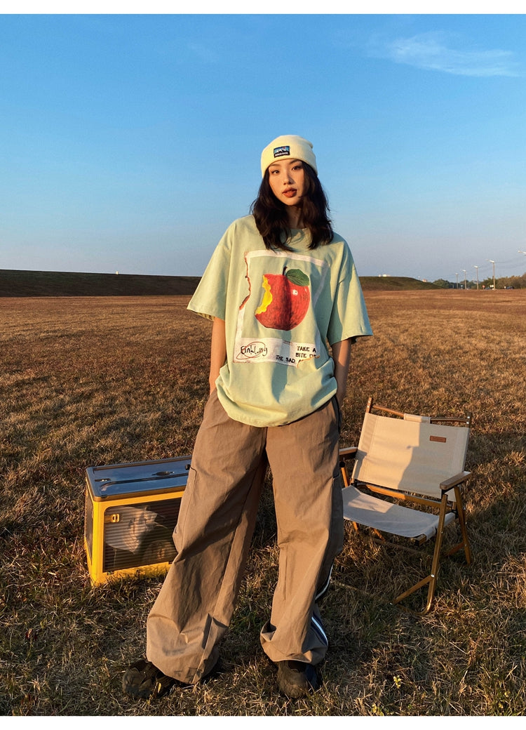 Antmvs Oula Vintage Apple Print Short Sleeve Baggy T-shirt Top