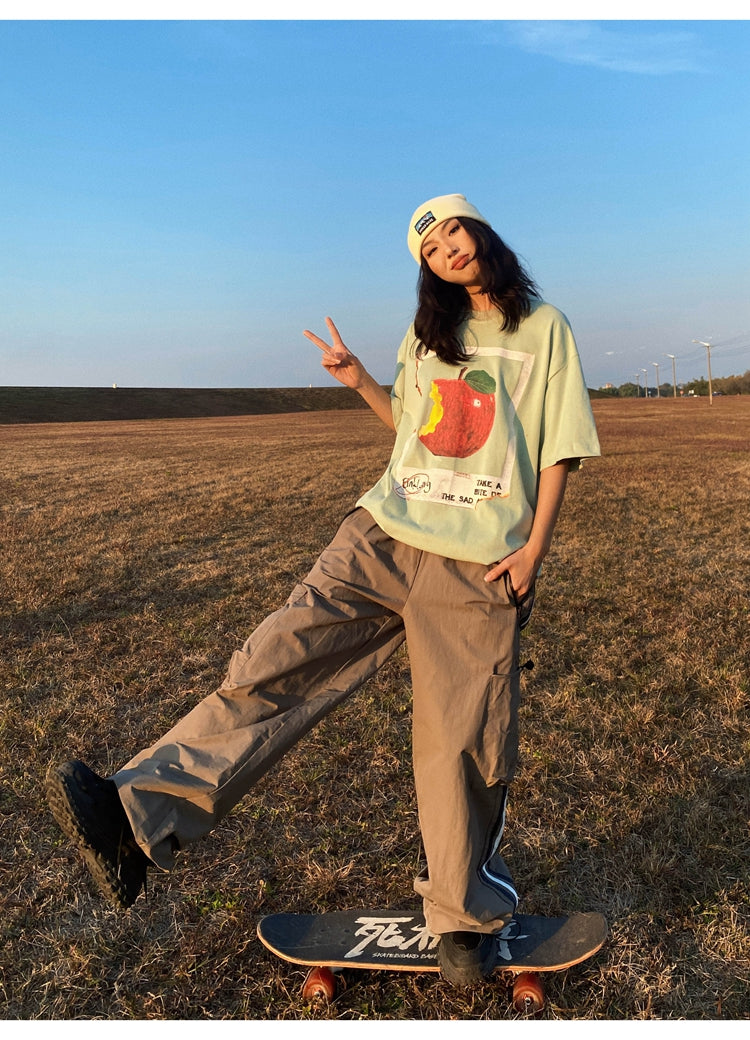 Antmvs Oula Vintage Apple Print Short Sleeve Baggy T-shirt Top