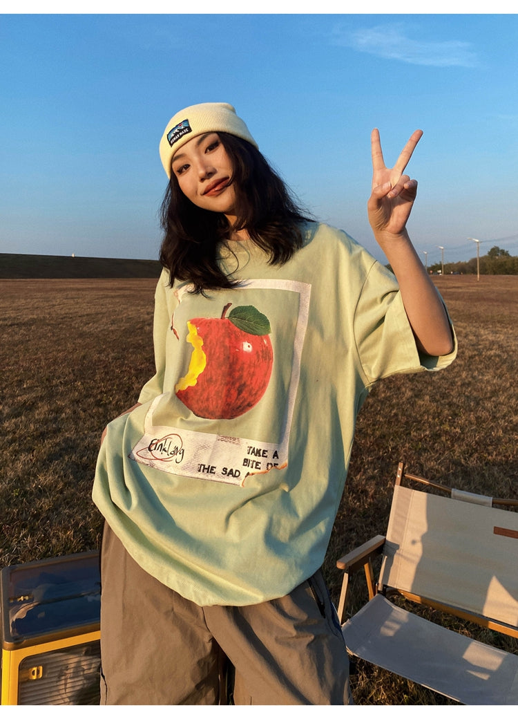 Antmvs Oula Vintage Apple Print Short Sleeve Baggy T-shirt Top