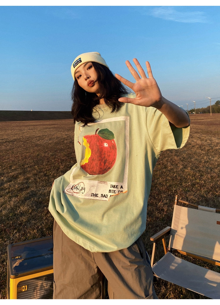 Antmvs Oula Vintage Apple Print Short Sleeve Baggy T-shirt Top