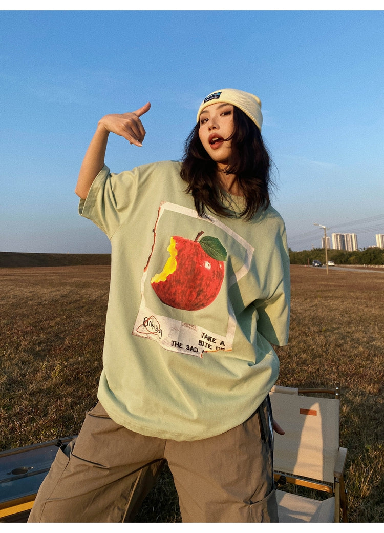 Antmvs Oula Vintage Apple Print Short Sleeve Baggy T-shirt Top
