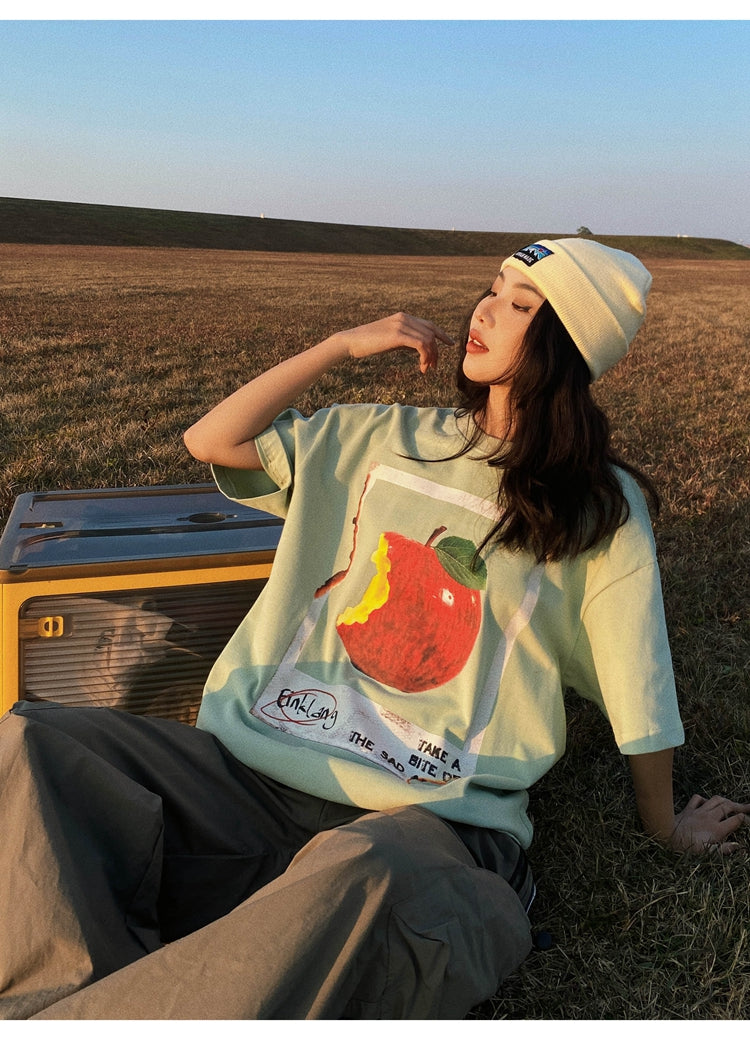 Antmvs Oula Vintage Apple Print Short Sleeve Baggy T-shirt Top