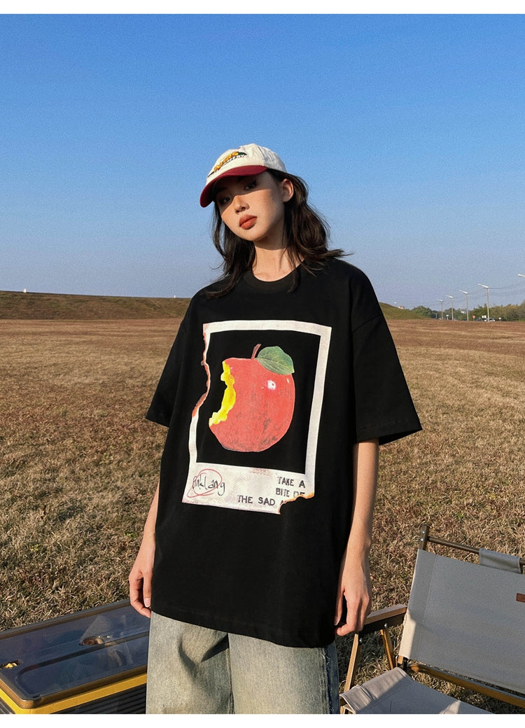 Antmvs Oula Vintage Apple Print Short Sleeve Baggy T-shirt Top