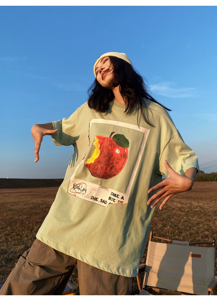 Antmvs Oula Vintage Apple Print Short Sleeve Baggy T-shirt Top