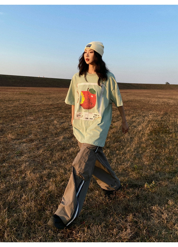 Antmvs Oula Vintage Apple Print Short Sleeve Baggy T-shirt Top