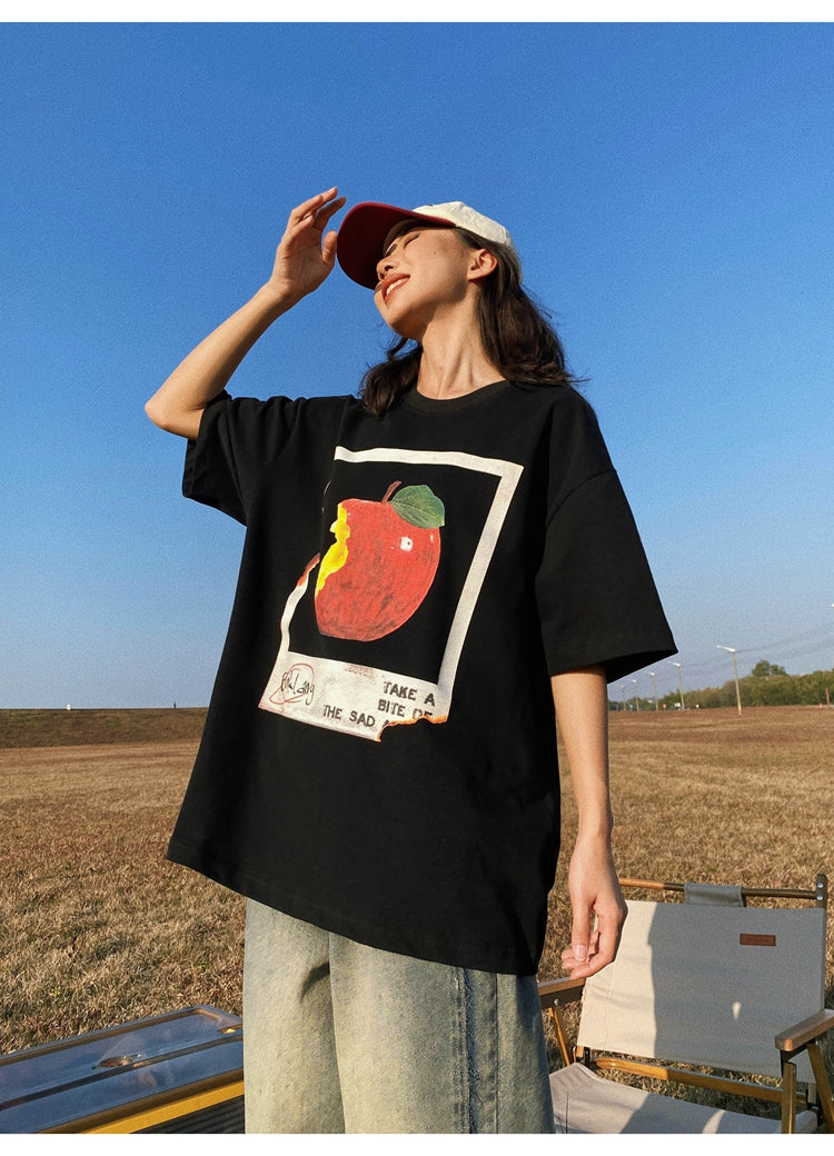 Antmvs Oula Vintage Apple Print Short Sleeve Baggy T-shirt Top