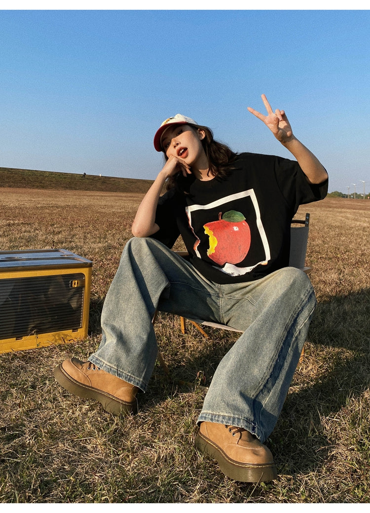 Antmvs Oula Vintage Apple Print Short Sleeve Baggy T-shirt Top