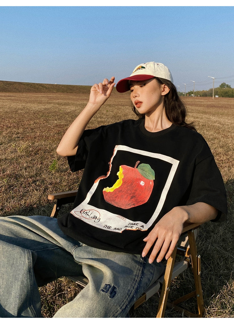 Antmvs Oula Vintage Apple Print Short Sleeve Baggy T-shirt Top