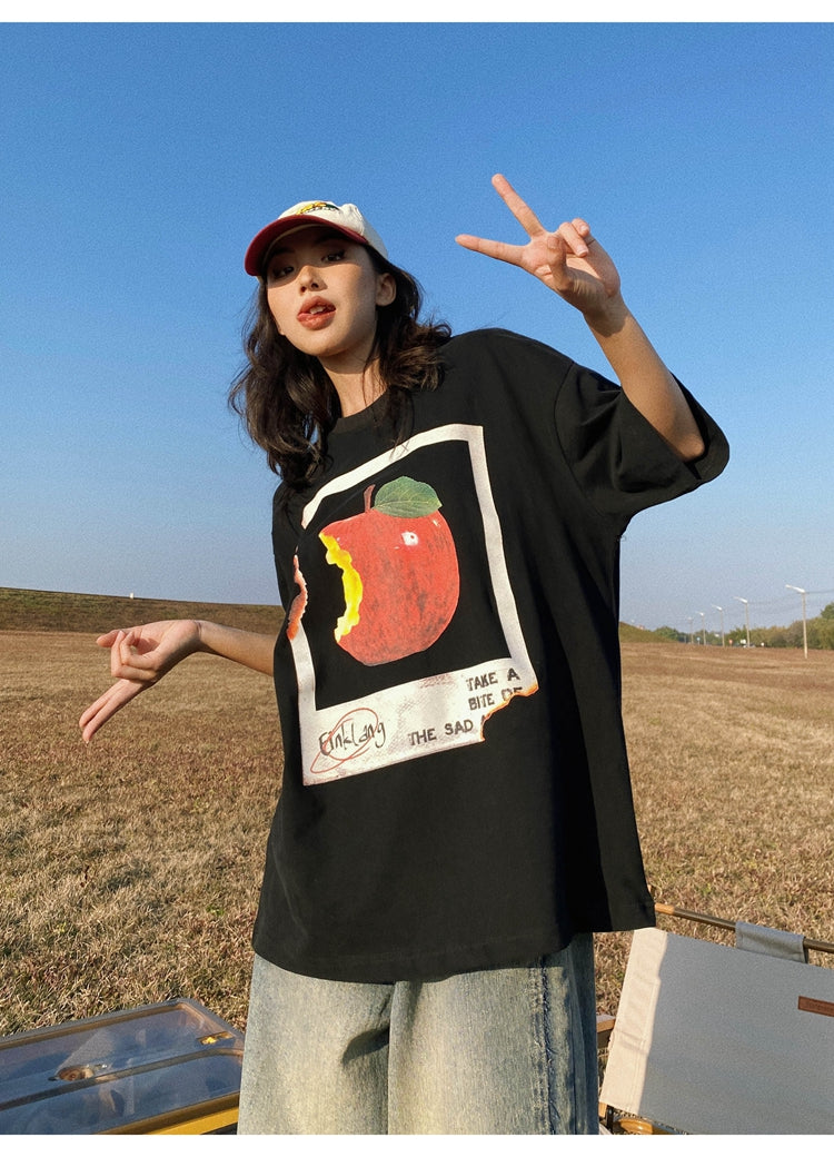 Antmvs Oula Vintage Apple Print Short Sleeve Baggy T-shirt Top
