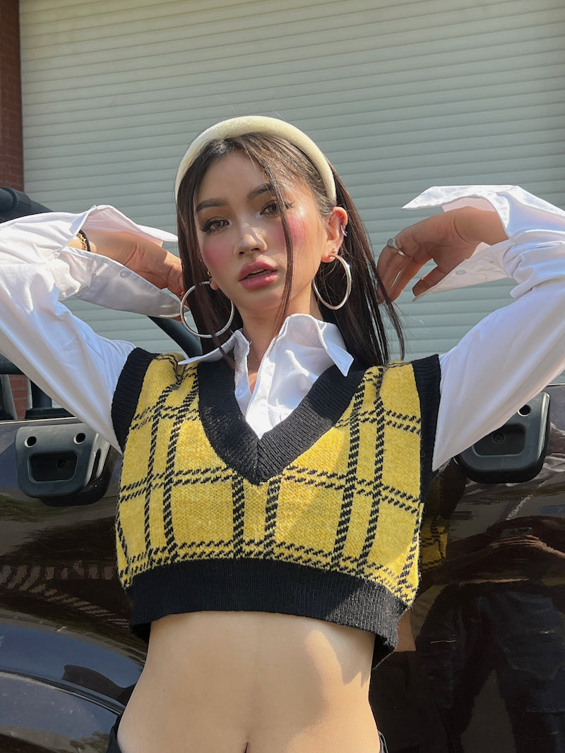 Antmvs Tory Yellow Vintage Knitted Plaid Sleeveless Cropped Sweater Top