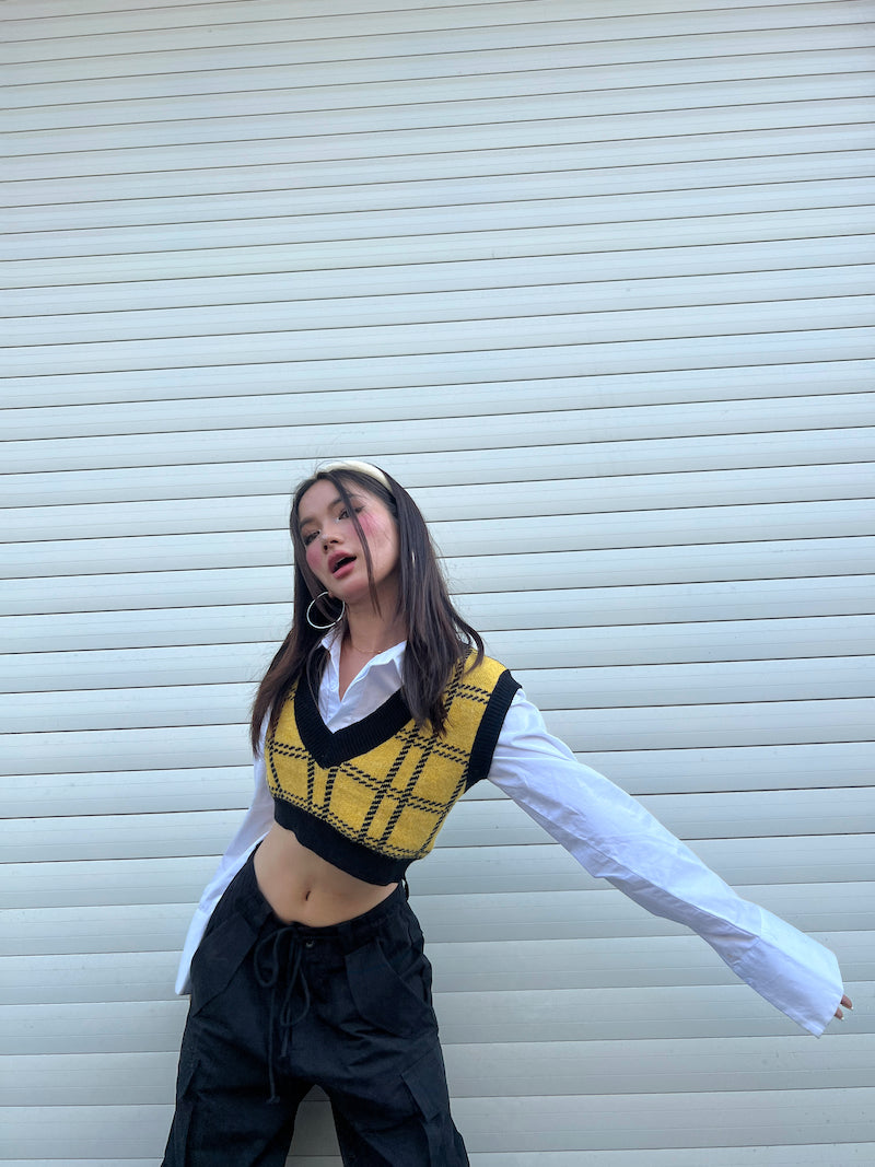Antmvs Tory Yellow Vintage Knitted Plaid Sleeveless Cropped Sweater Top