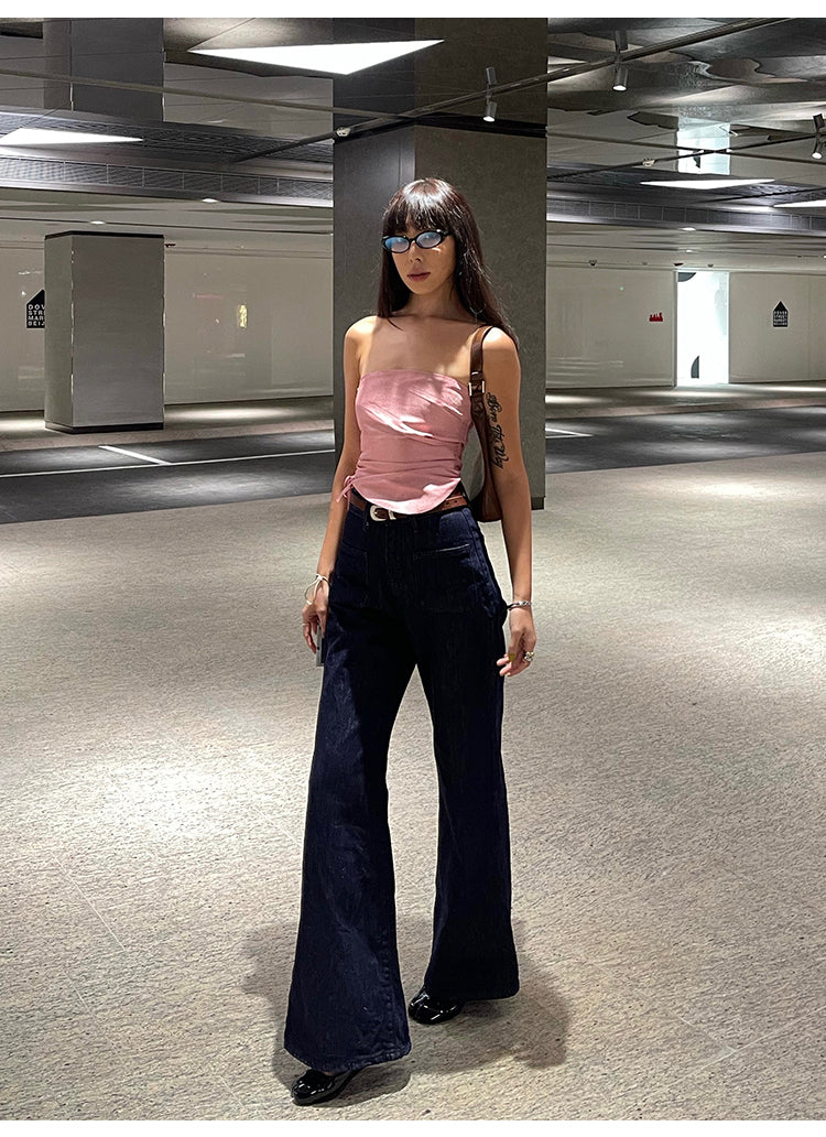 Antmvs Barbie Pink Shiny Pearlescent Fine Shewing Side Ties Irregular Pleated Sleeveless Bandeau Short Cropped Lace Up Top