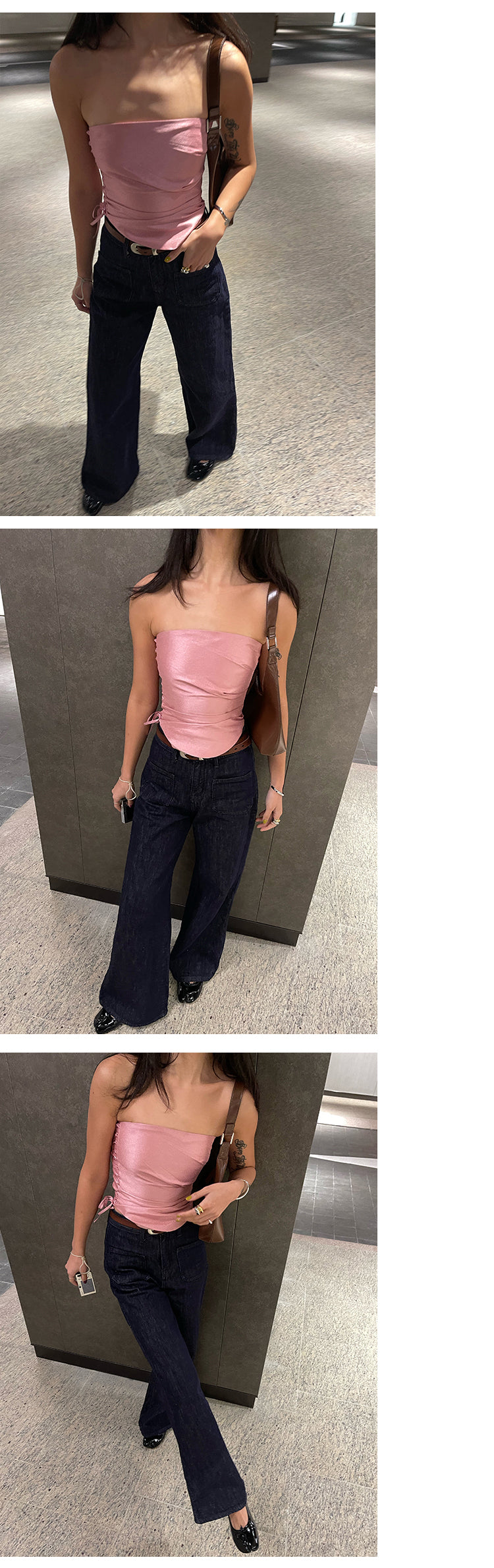 Antmvs Barbie Pink Shiny Pearlescent Fine Shewing Side Ties Irregular Pleated Sleeveless Bandeau Short Cropped Lace Up Top