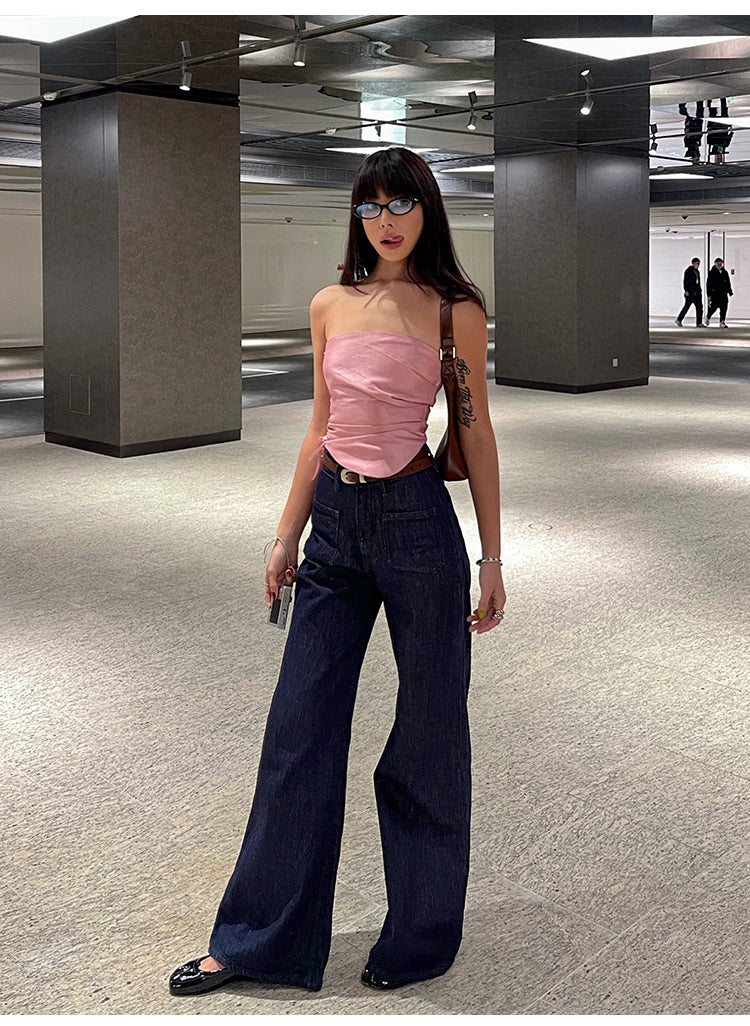 Antmvs Barbie Pink Shiny Pearlescent Fine Shewing Side Ties Irregular Pleated Sleeveless Bandeau Short Cropped Lace Up Top