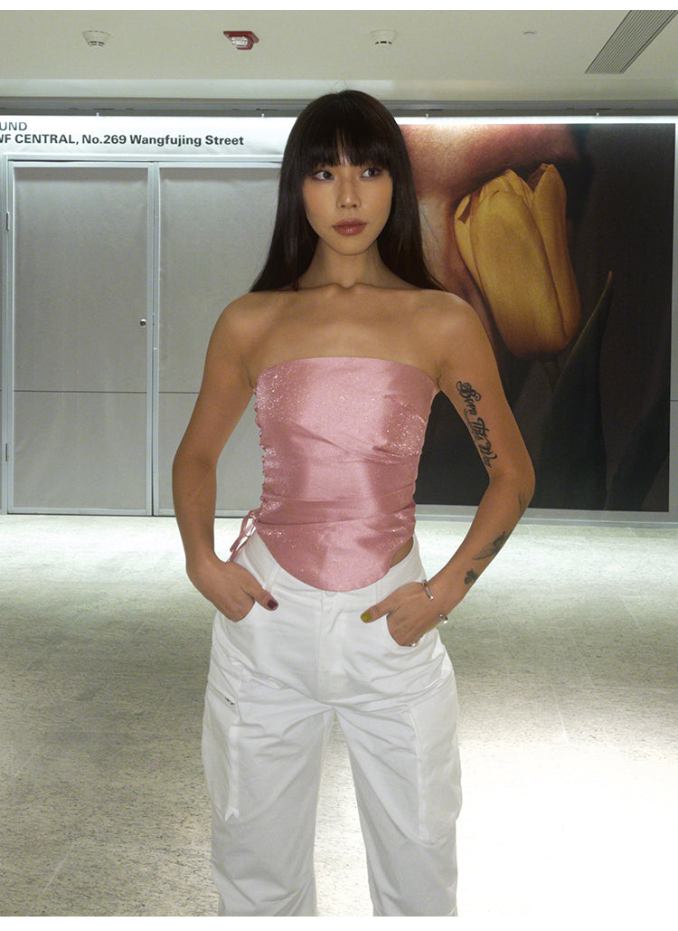 Antmvs Barbie Pink Shiny Pearlescent Fine Shewing Side Ties Irregular Pleated Sleeveless Bandeau Short Cropped Lace Up Top