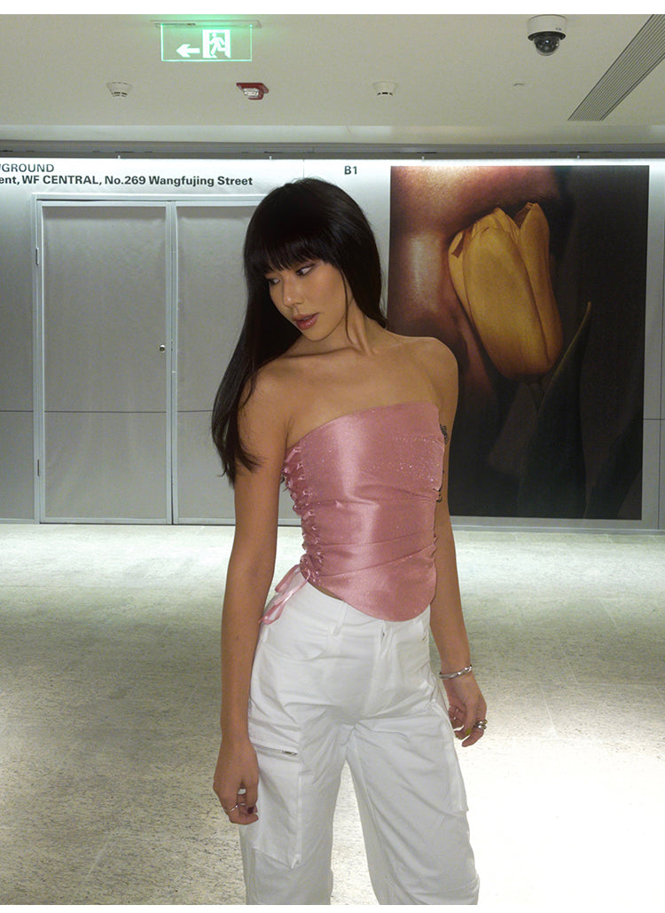 Antmvs Barbie Pink Shiny Pearlescent Fine Shewing Side Ties Irregular Pleated Sleeveless Bandeau Short Cropped Lace Up Top