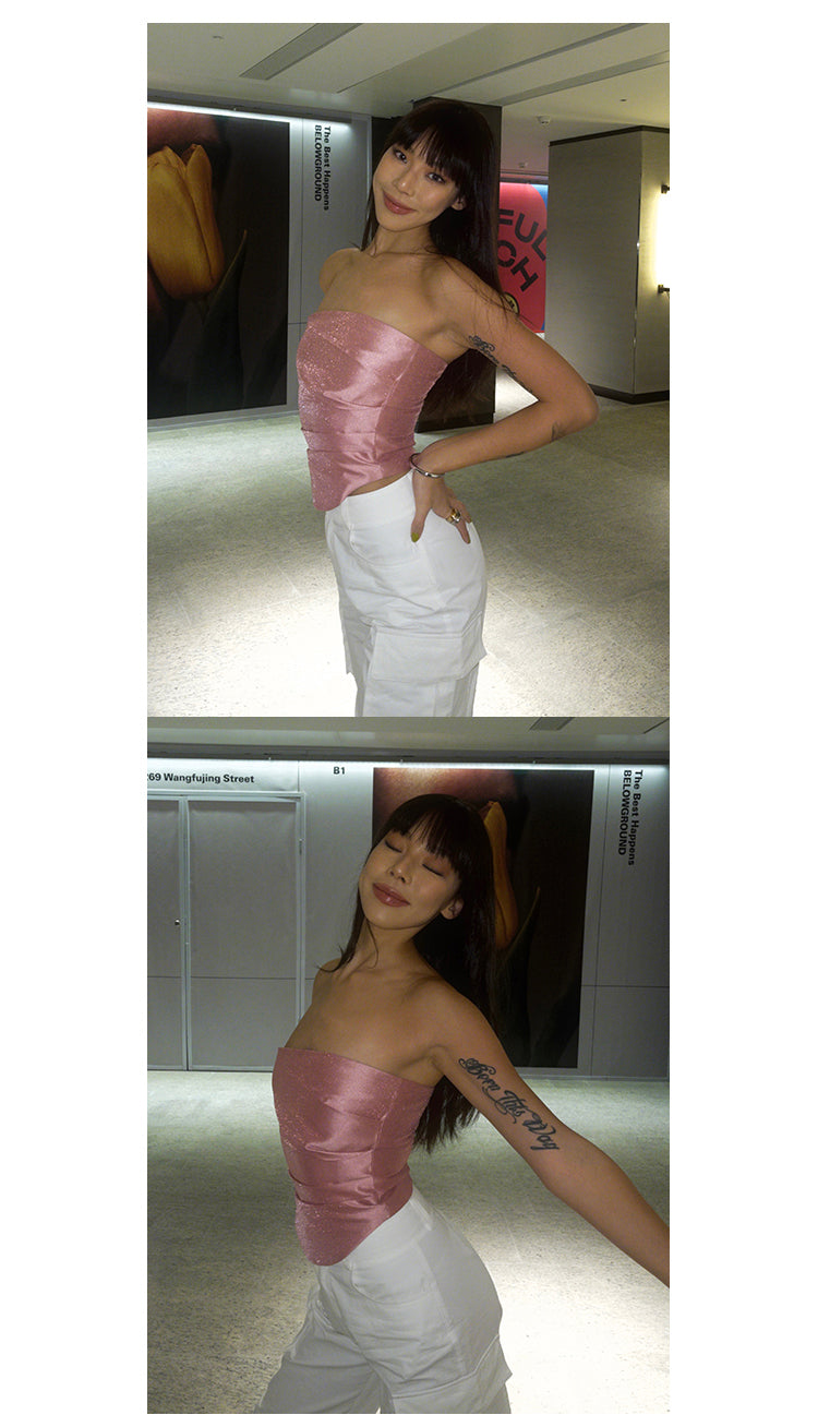 Antmvs Barbie Pink Shiny Pearlescent Fine Shewing Side Ties Irregular Pleated Sleeveless Bandeau Short Cropped Lace Up Top