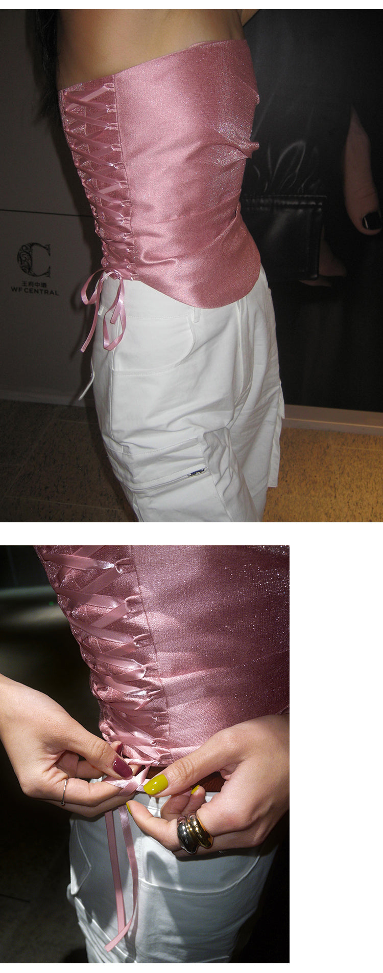 Antmvs Barbie Pink Shiny Pearlescent Fine Shewing Side Ties Irregular Pleated Sleeveless Bandeau Short Cropped Lace Up Top