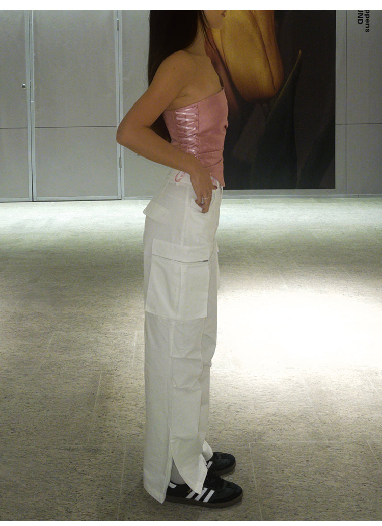 Antmvs Barbie Pink Shiny Pearlescent Fine Shewing Side Ties Irregular Pleated Sleeveless Bandeau Short Cropped Lace Up Top