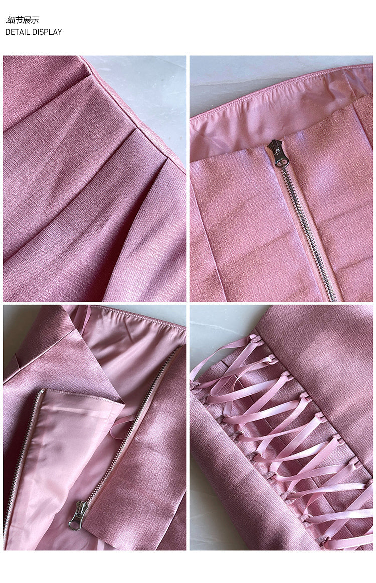 Antmvs Barbie Pink Shiny Pearlescent Fine Shewing Side Ties Irregular Pleated Sleeveless Bandeau Short Cropped Lace Up Top
