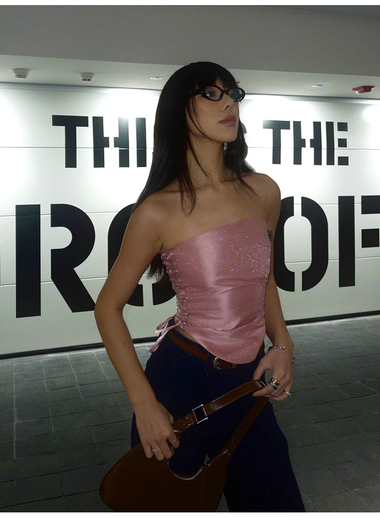 Antmvs Barbie Pink Shiny Pearlescent Fine Shewing Side Ties Irregular Pleated Sleeveless Bandeau Short Cropped Lace Up Top