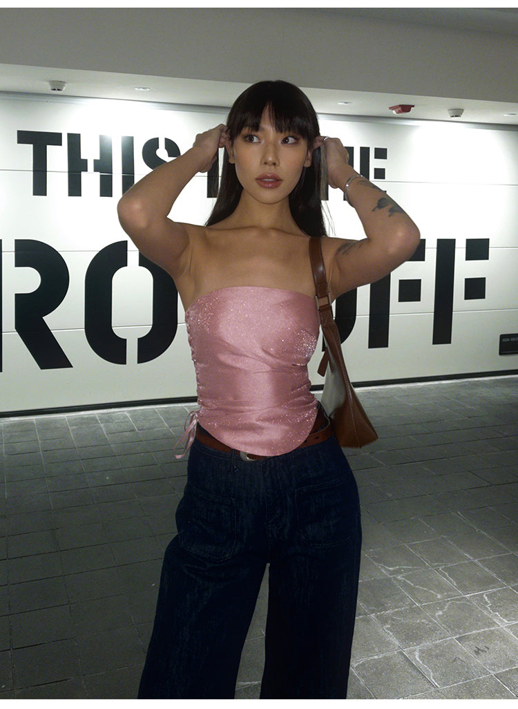 Antmvs Barbie Pink Shiny Pearlescent Fine Shewing Side Ties Irregular Pleated Sleeveless Bandeau Short Cropped Lace Up Top