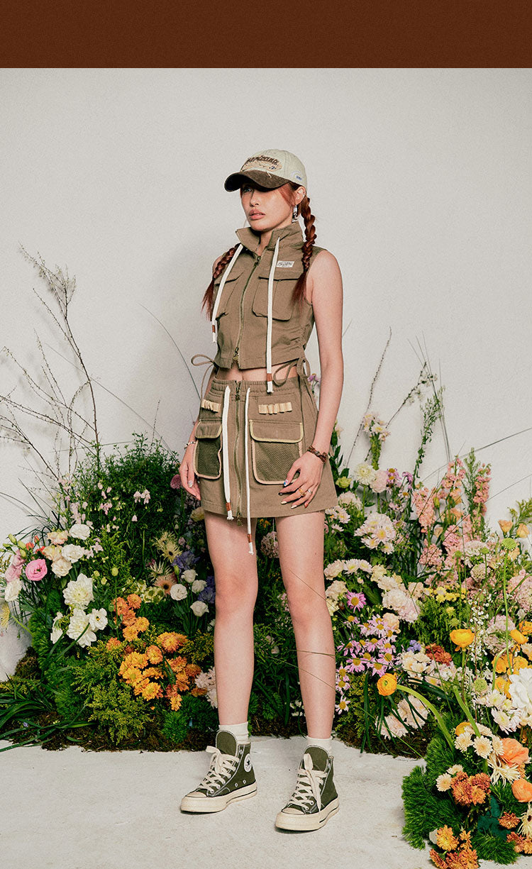 Antmvs Beer babe Solid Color Sleeveless Turtleneck Zip Up Multi-Pocket Cargo Cropped Top + Solid Color High Waist Multi-pocket Cargo Mini Set Matching Set