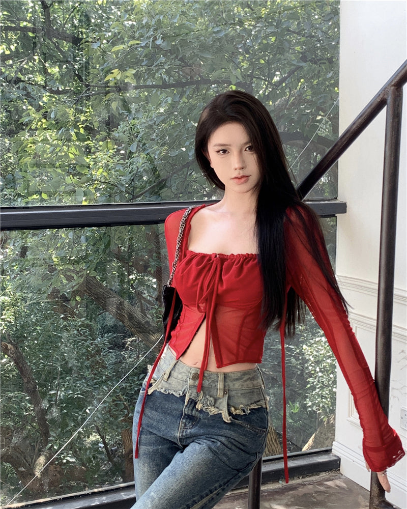 Antmvs Stella Solid Color Burgundy Red Mesh Square Neck Lace Long Sleeve Top