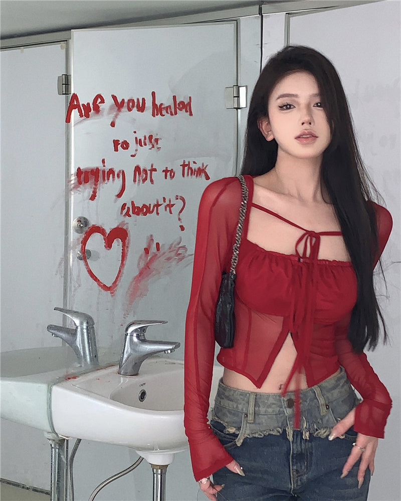 Antmvs Stella Solid Color Burgundy Red Mesh Square Neck Lace Long Sleeve Top