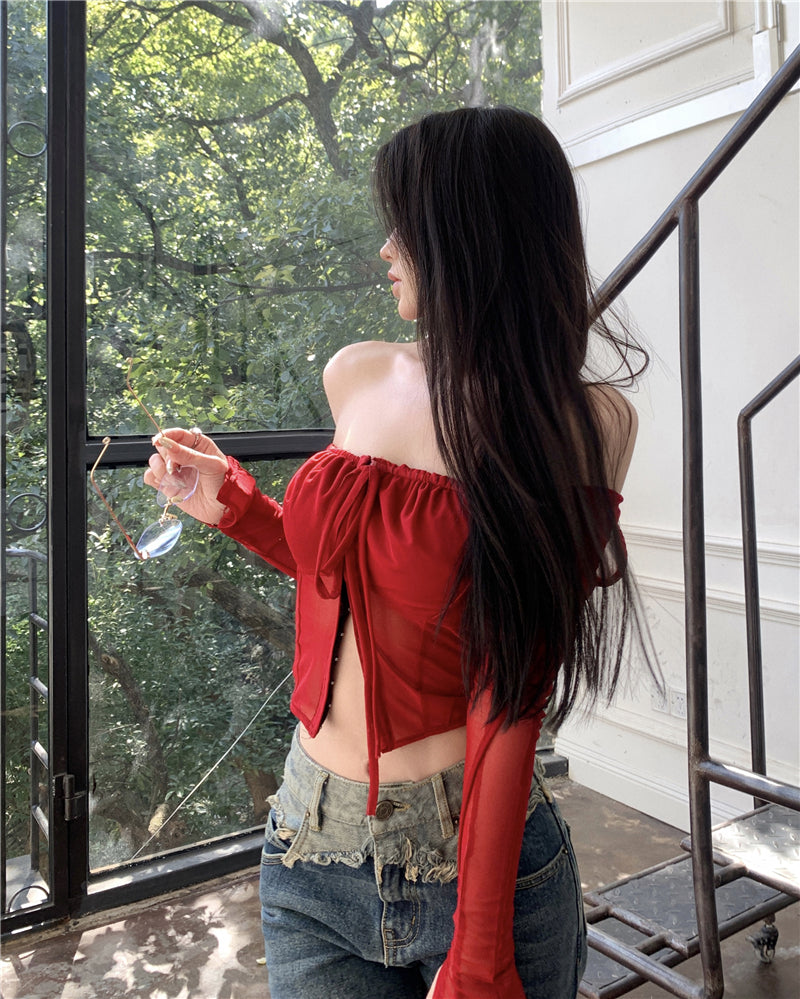 Antmvs Stella Solid Color Burgundy Red Mesh Square Neck Lace Long Sleeve Top