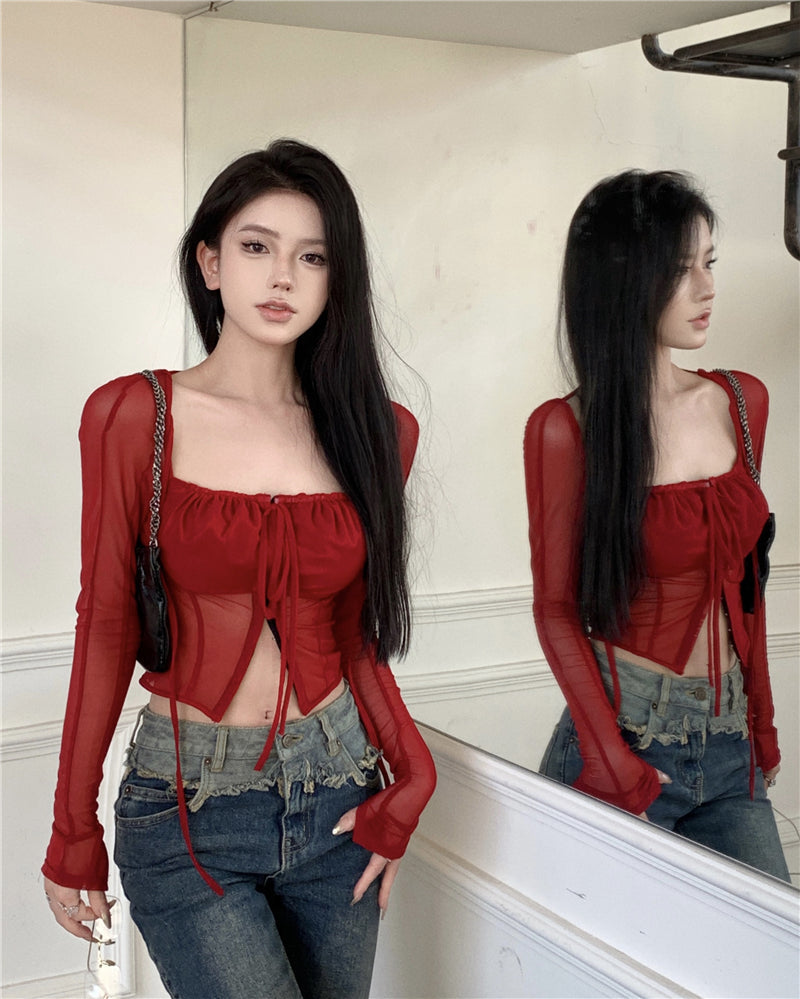 Antmvs Stella Solid Color Burgundy Red Mesh Square Neck Lace Long Sleeve Top