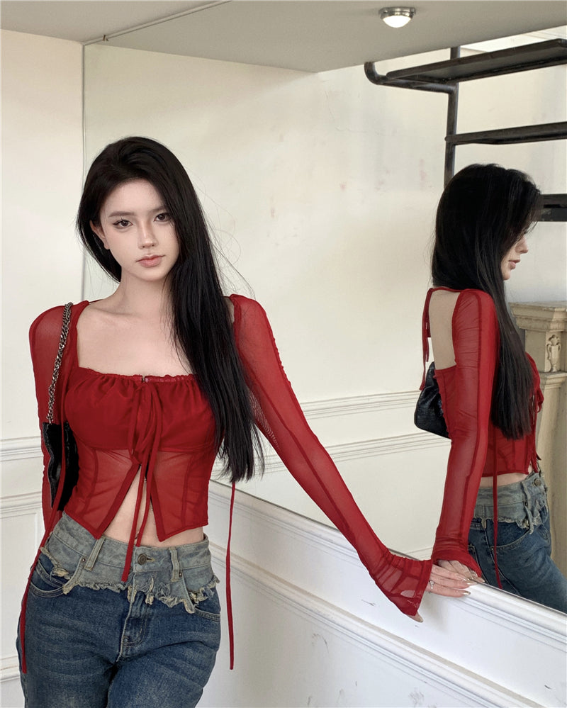 Antmvs Stella Solid Color Burgundy Red Mesh Square Neck Lace Long Sleeve Top