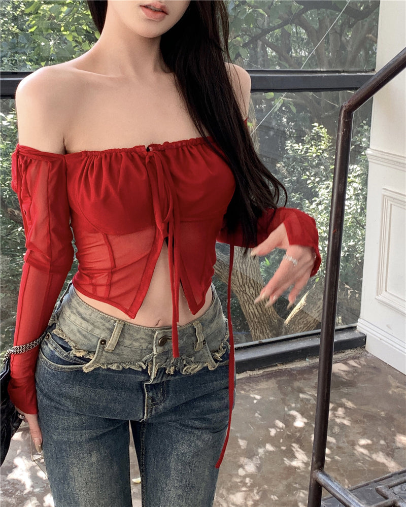 Antmvs Stella Solid Color Burgundy Red Mesh Square Neck Lace Long Sleeve Top