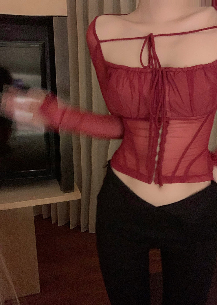 Antmvs Stella Solid Color Burgundy Red Mesh Square Neck Lace Long Sleeve Top