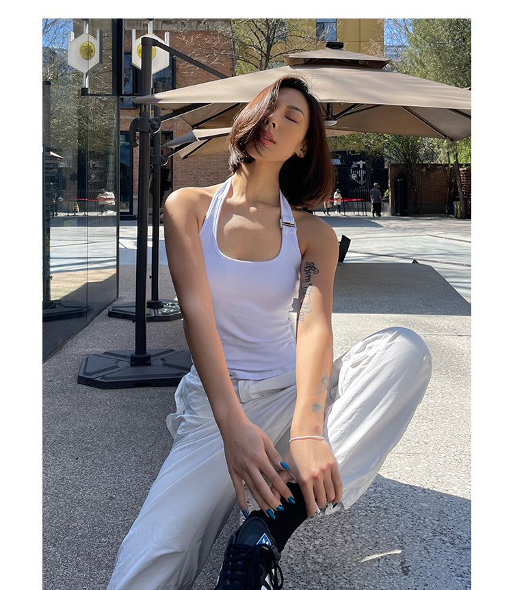 Antmvs Chelsea Solid Color White Sleeveless Halter Slim Top