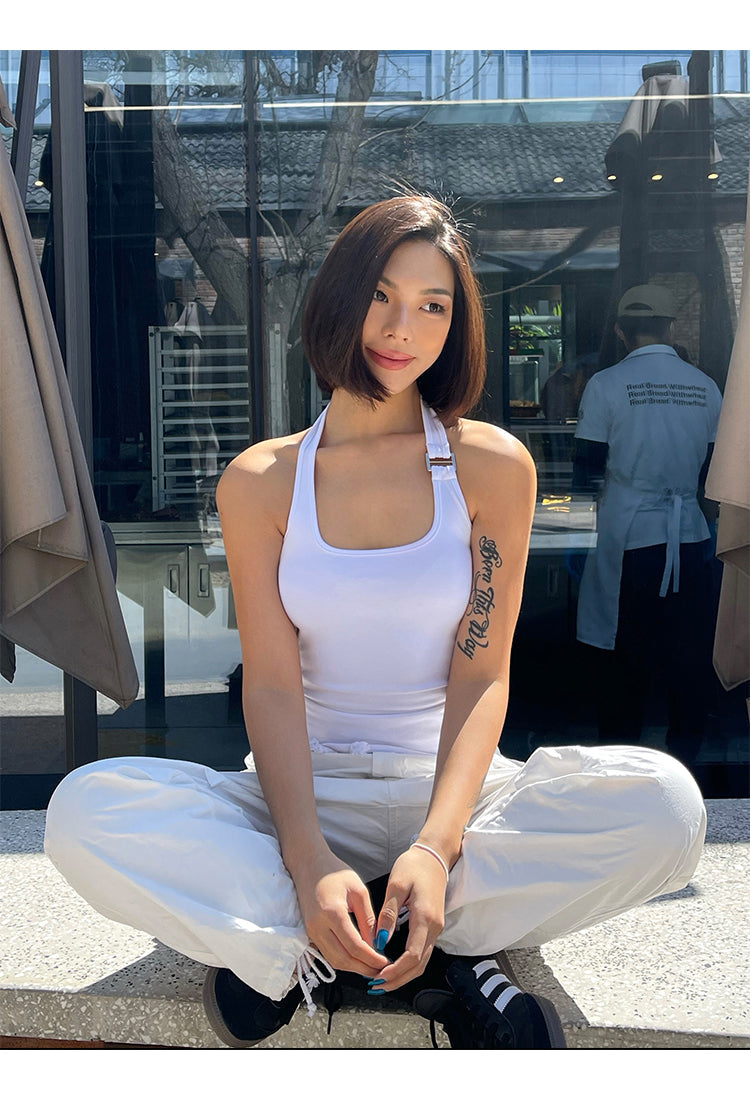 Antmvs Chelsea Solid Color White Sleeveless Halter Slim Top