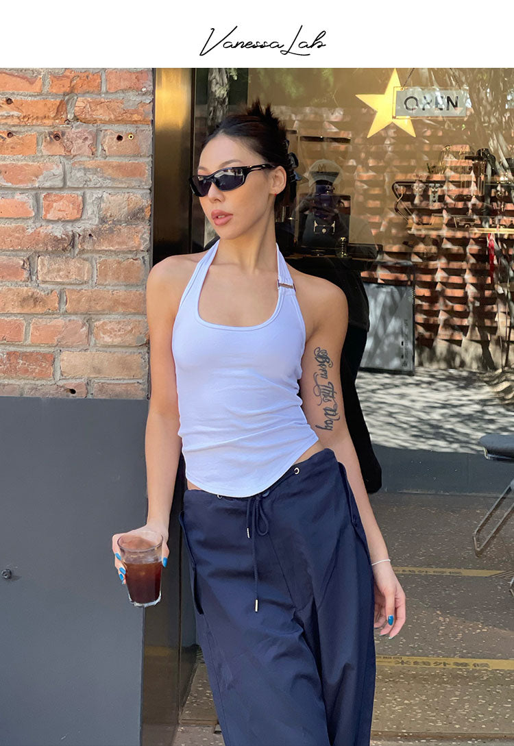 Antmvs Chelsea Solid Color White Sleeveless Halter Slim Top