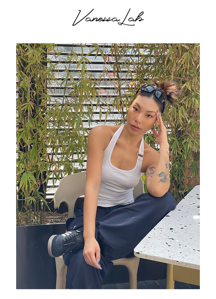 Antmvs Chelsea Solid Color White Sleeveless Halter Slim Top