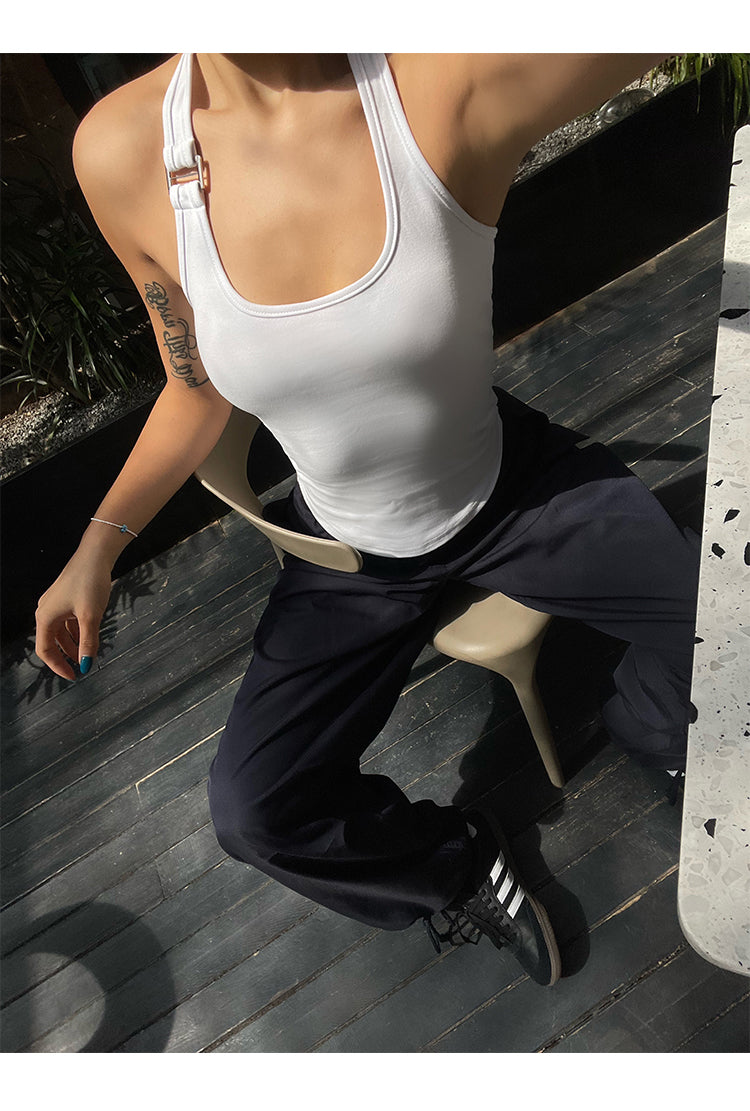 Antmvs Chelsea Solid Color White Sleeveless Halter Slim Top