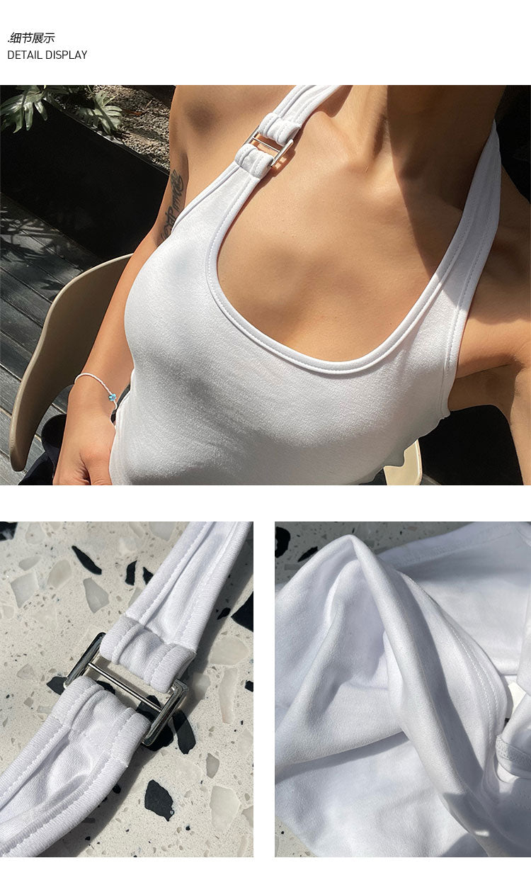 Antmvs Chelsea Solid Color White Sleeveless Halter Slim Top