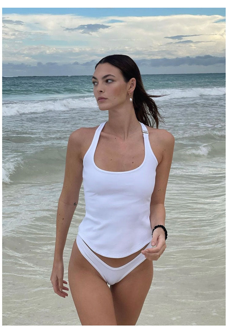 Antmvs Chelsea Solid Color White Sleeveless Halter Slim Top