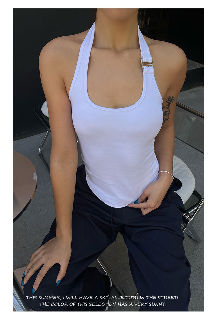 Antmvs Chelsea Solid Color White Sleeveless Halter Slim Top